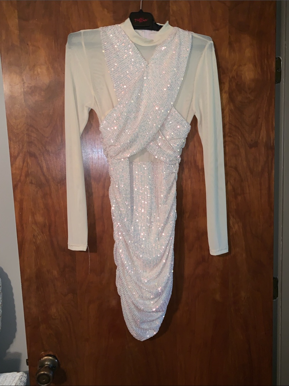 Sequin Drape Long-Sleeve Cocktail Dress in Ivory